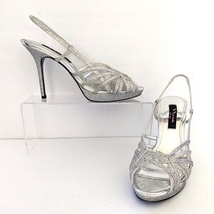 Nina Fonda Silver Baby Glitter Platform Heels 8.5M Stiletto Slingback Sparkly
